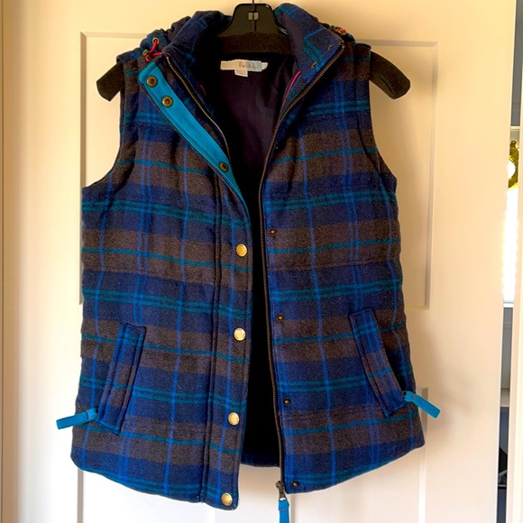 BODEN Hooded, wool plaid, down vest
